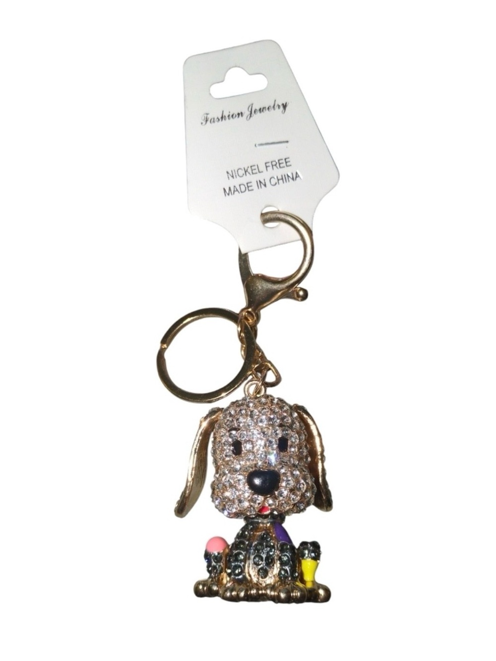Fashion Jewelry Gold Rhinestone Dog Keychain with Multicolor Accents